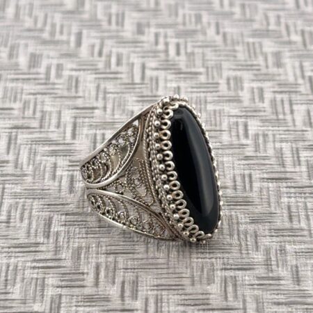Size: 7.25 Turkey 925 Sterling Silver Filigree Black Onyx Ring 8.3g
