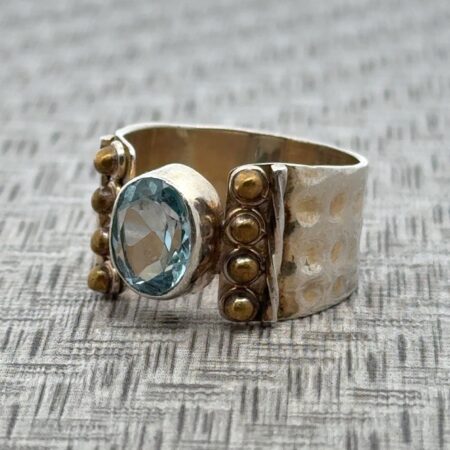 Blue Topaz Hammered Sterling Silver Gold Vermeil Accent Ring Size 9 7.3 Grams