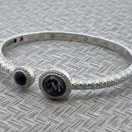 Judith Ripka 7” Hinged Sterling Silver Onyx Doublet Cuff Bracelet 29.2 Grams