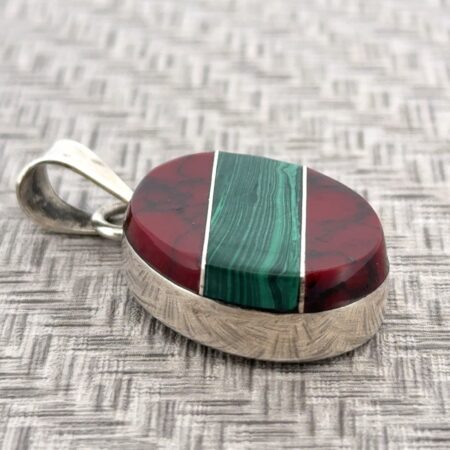 Mexico 925 Sterling Silver Malachite & Red Jasper Pendant 17g