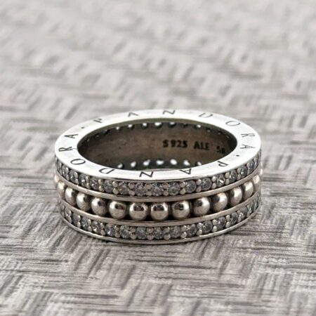 Size: 7.75 Pandora ALE S925 Sterling Silver Twin Row CZ Wide Band Ring 8.2g