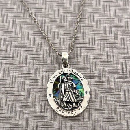 20” Saint Christopher 925 Sterling Silver Abalone Shell Pendant Necklace 8.2g
