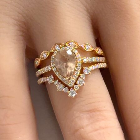 Size: 6.5 Pear-Cut Morganite & Diamond Halo 18k Rose Gold Triple Ring Set 7.2g