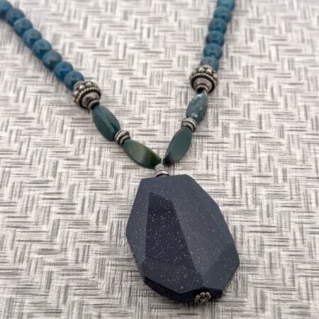 18” Blue Goldstone & Green Bead 925 Sterling Silver Necklace 38.7g