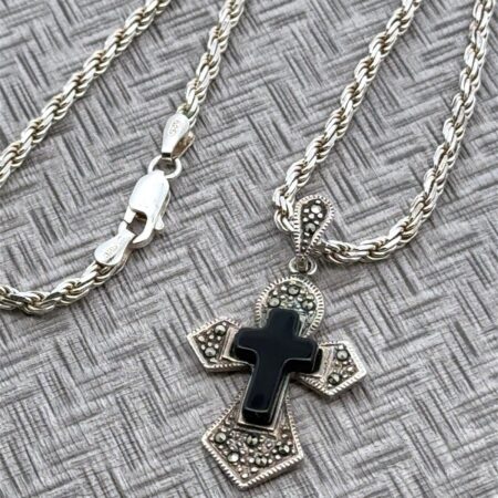 Taxco Sterling Silver Marcasite & Black Onyx Cross Pendant 20” Rope Chain 17.8g