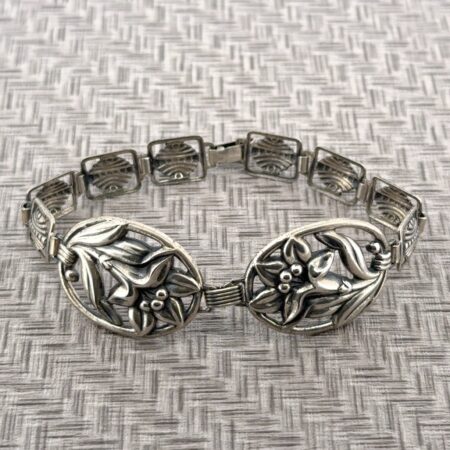 7” Vintage 925 Sterling Silver Lily Flower Panel Link Hook Clasp Bracelet 12.3g