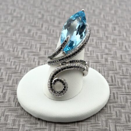 Custom 18k White Gold Large Marquise Blue Topaz & Diamond Swirl Ring 16.7g