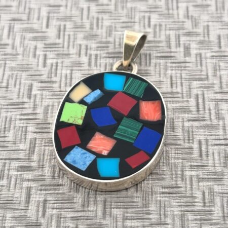 Taxco Mexico 925 Sterling Silver Multi-Stone Enamel Mosaic Oval Pendant 21.3g