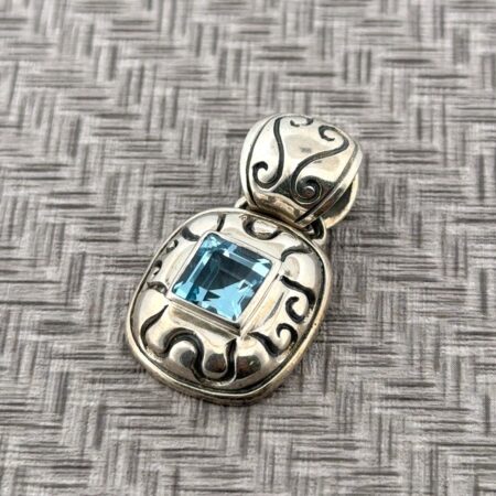 925 Sterling Silver Blue Topaz Scrollwork Pendant 10.1g