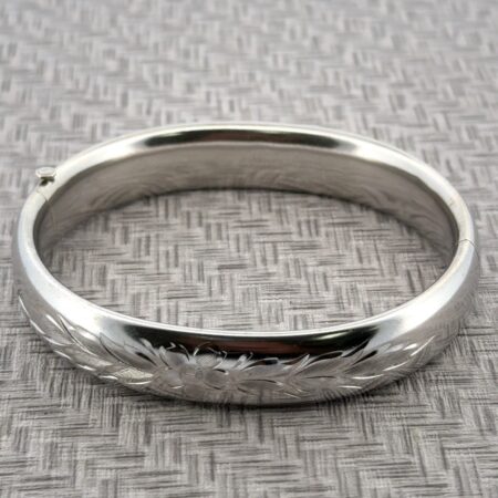 7” x 12mm Carl Art Floral Engraved 925 Sterling Silver Hinged Bangle Bracelet