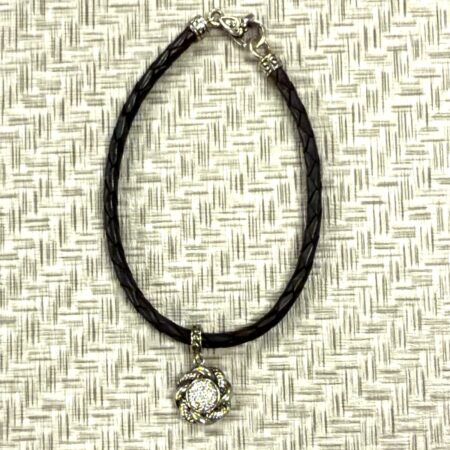 JAI Black Leather Rope 8 Inch Bracelet with Sterling Silver Pave CZ Pendant 6.7g