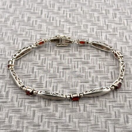 7” 925 Sterling Silver Garnet & Bar Link Bracelet 8g