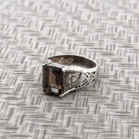 Size: 7 Emerald-Cut Smoky Quartz 925 Sterling Silver Filigree Openwork Ring 4.2g