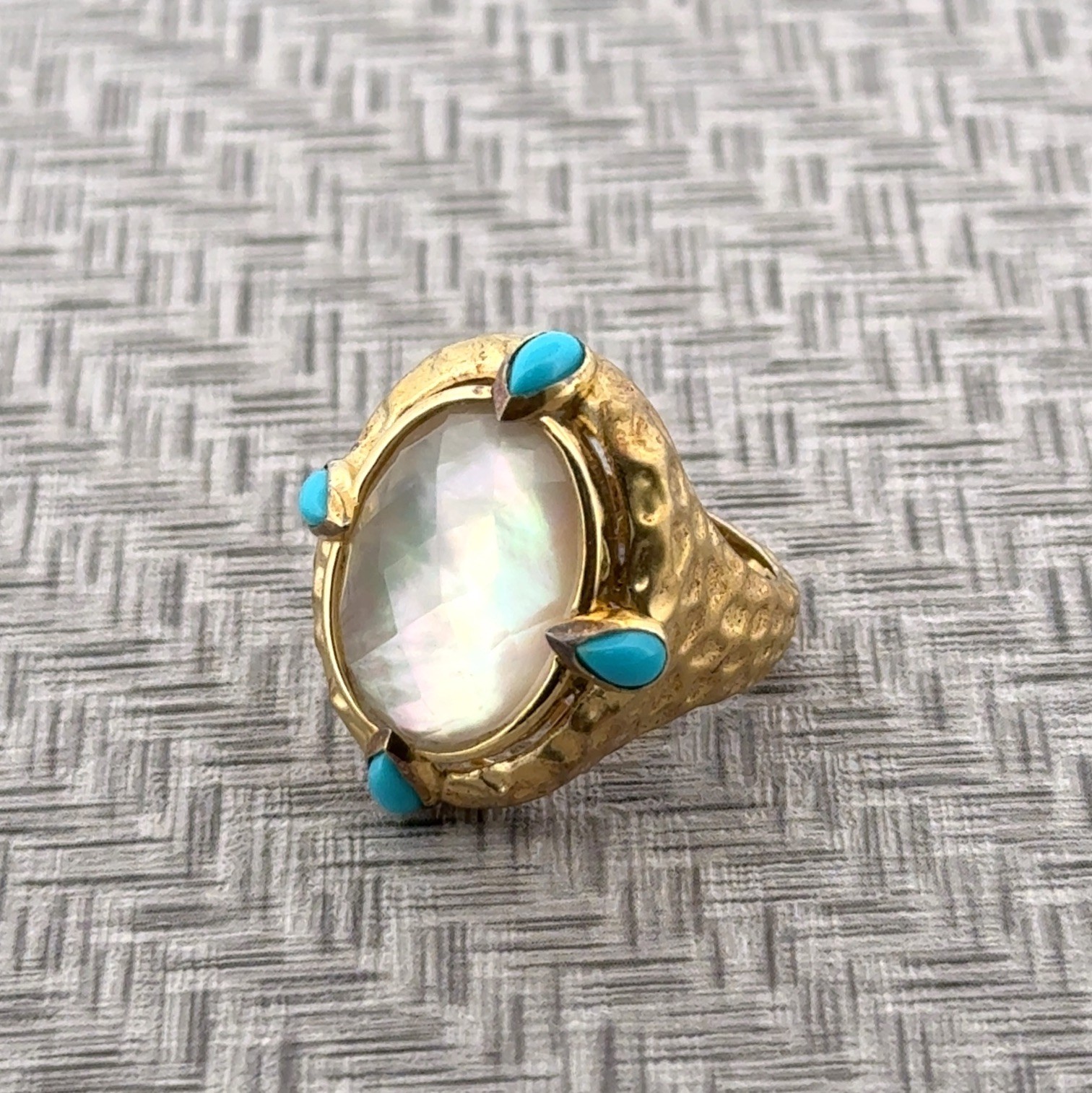 Size: 8.25 Gold Vermeil 925 Sterling Silver Quartz Doublet & Turquoise Ring 11g