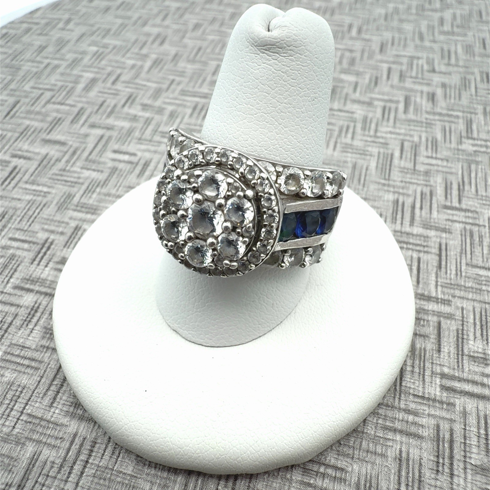 Size 8.75 SJD 925 Sterling Silver Multi Band Cluster CZ + Blue Stone Ring 9.2g