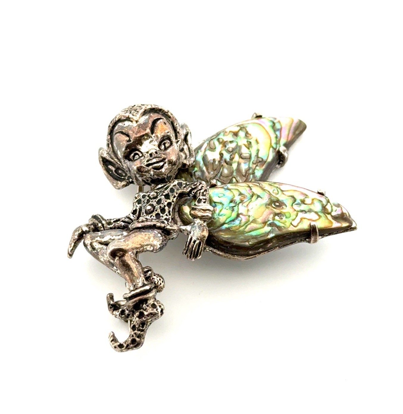 Vintage 925 Sterling Silver Elf Fairy Pixie Brooch/Pin Abalone Wings 12.2g