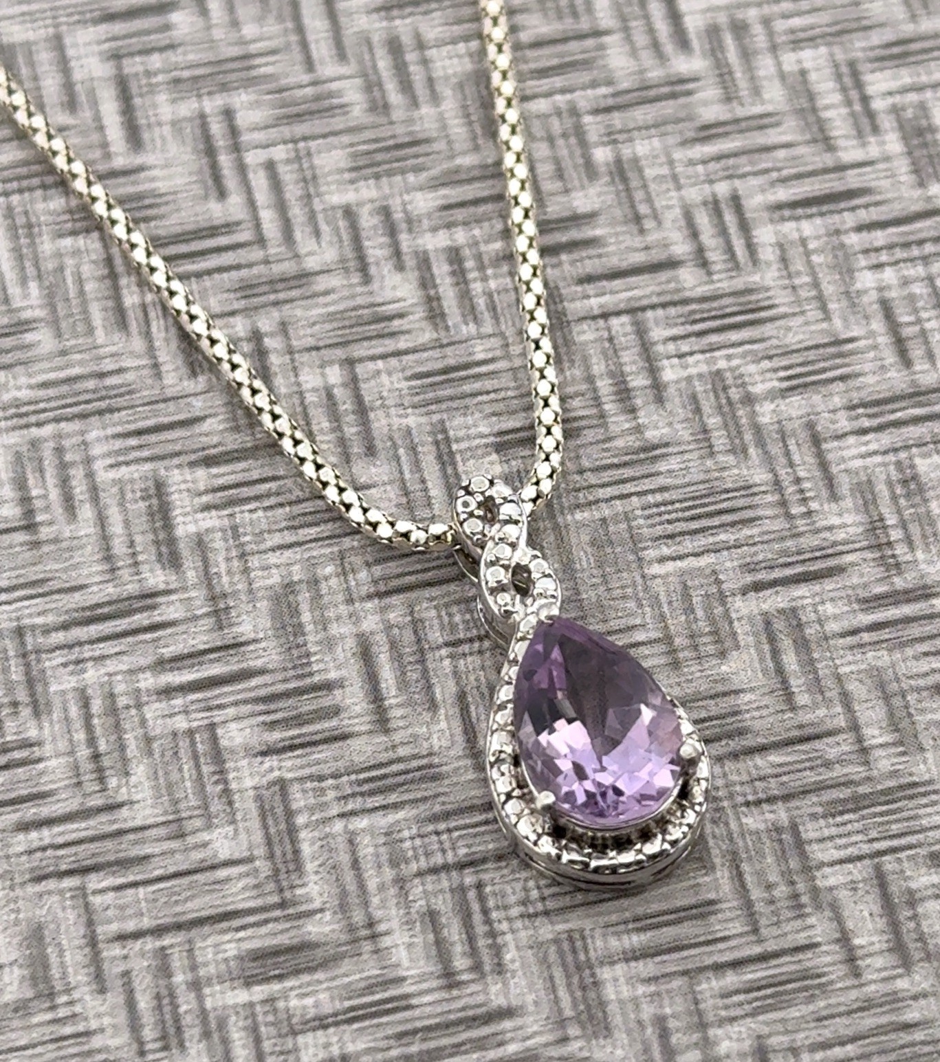 20” STS 925 Sterling Silver Lab-Created Amethyst Pendant Popcorn Chain Necklace