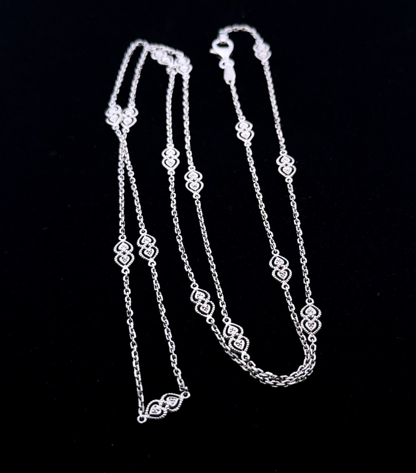 36” Double Heart Station Cable Chain Necklace 925 Sterling Silver 13.1g
