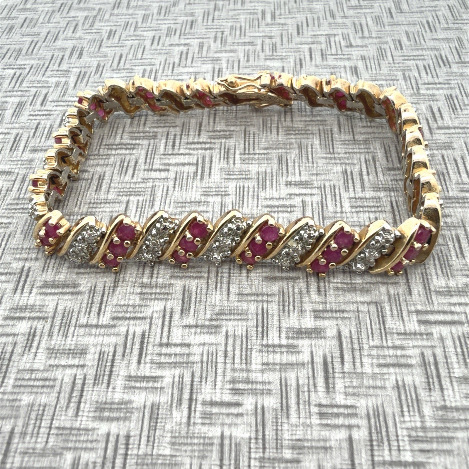 7.5”x9.5mm Ross Simons 925 Gold Vermeil Ruby & Diamond Accent Link Bracelet 26g