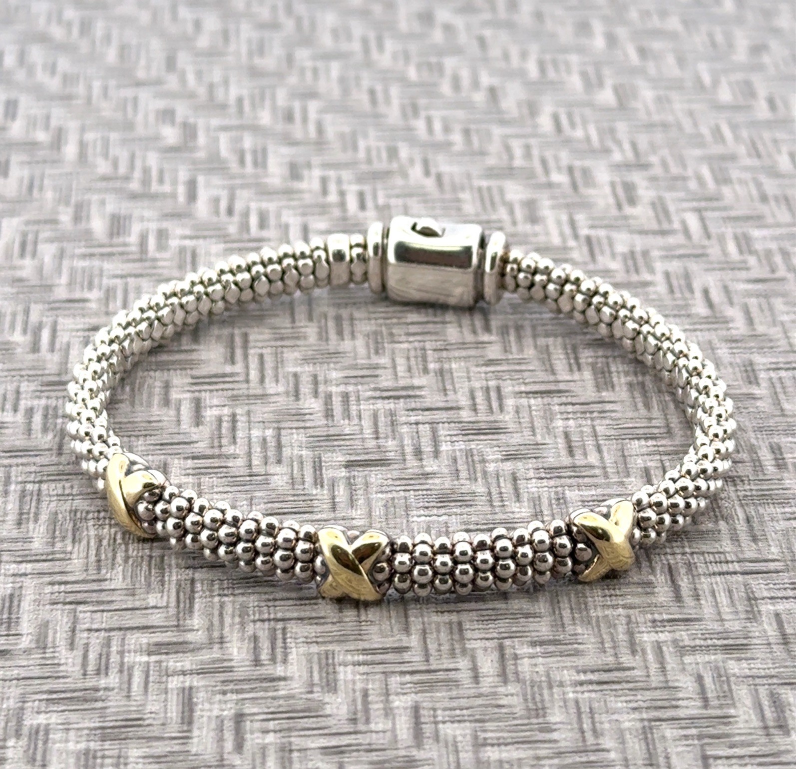 6.5” Lagos Caviar 925 Sterling Silver & 18k Gold Accented X-Station Bracelet 28g