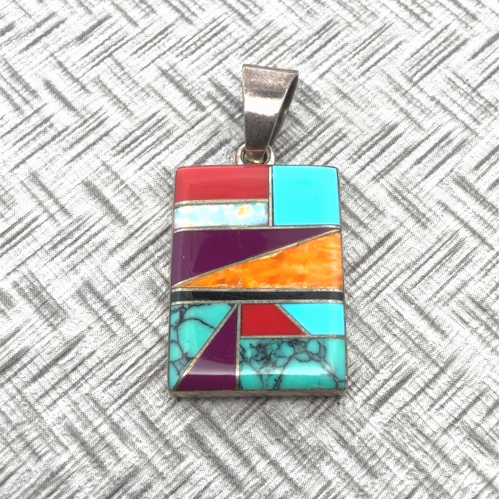 Ron Hurley 925 Sterling Silver Southwestern Mosaic Inlay Pendant 3.1g