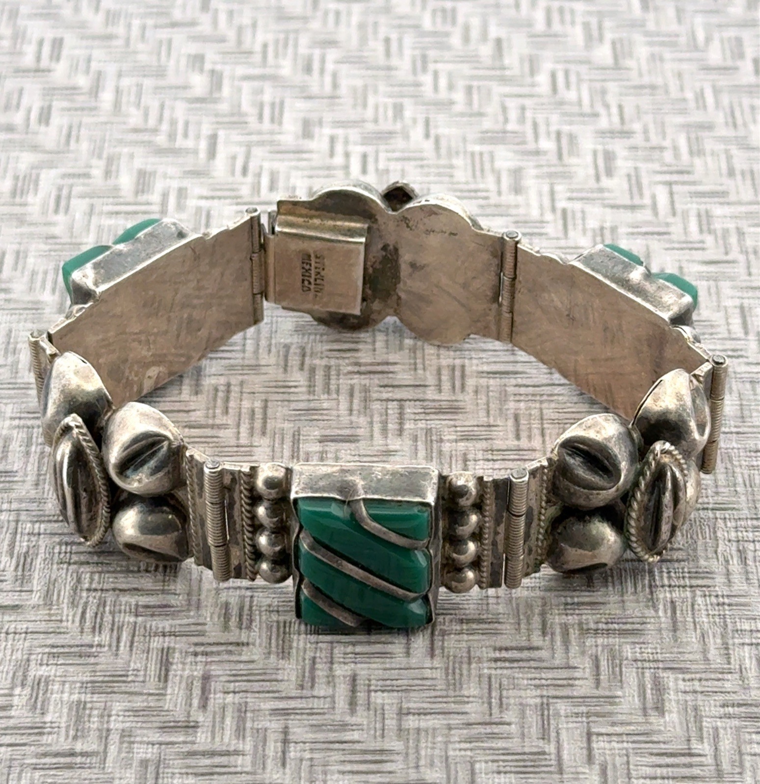 7” x 18mm Mexico 925 Sterling Silver Green Onyx Panel Link Bracelet 39g