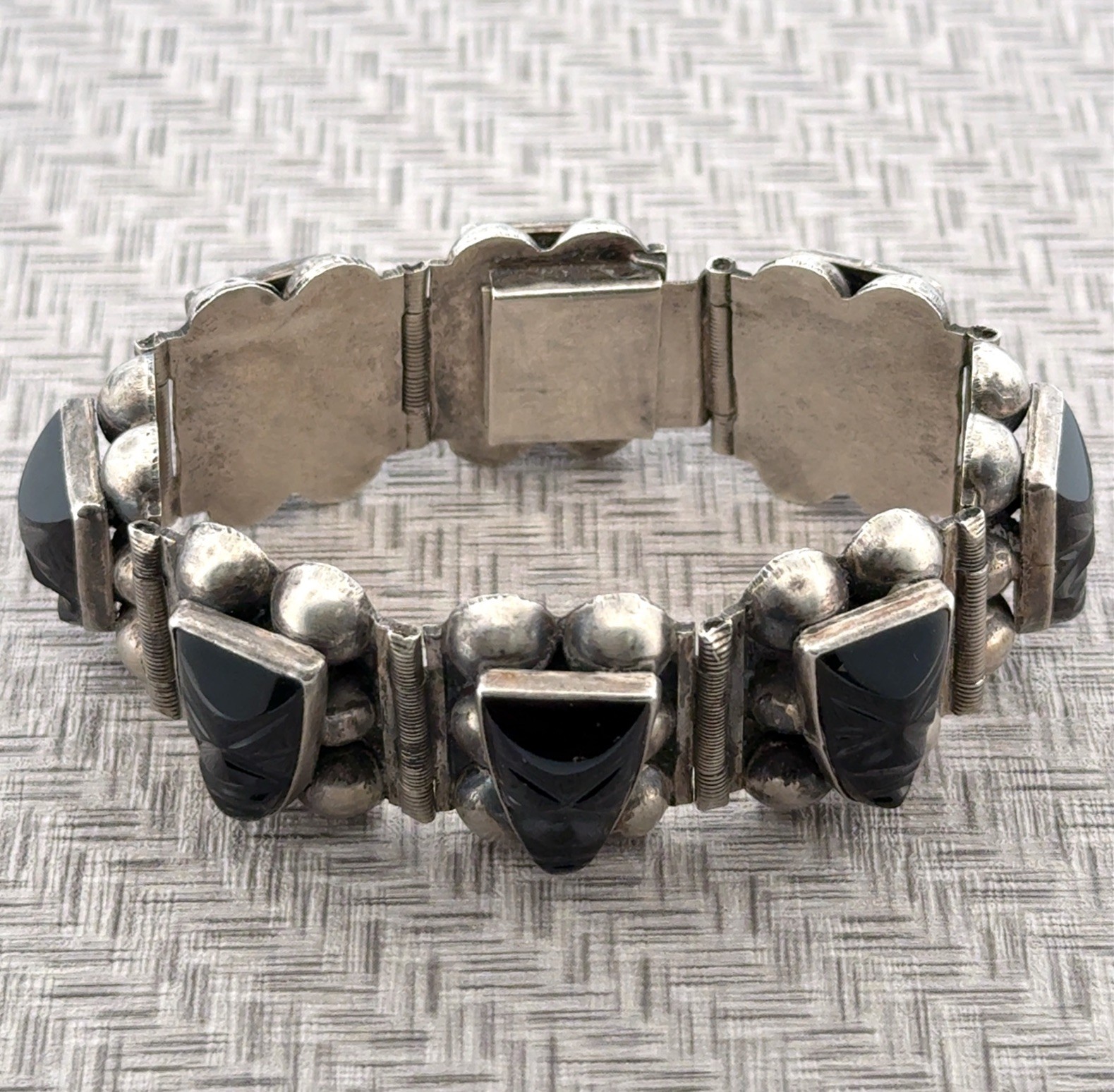 7” x 25mm Vintage P.J. Signed 925 Sterling Silver Black Onyx Face Panel Bracelet
