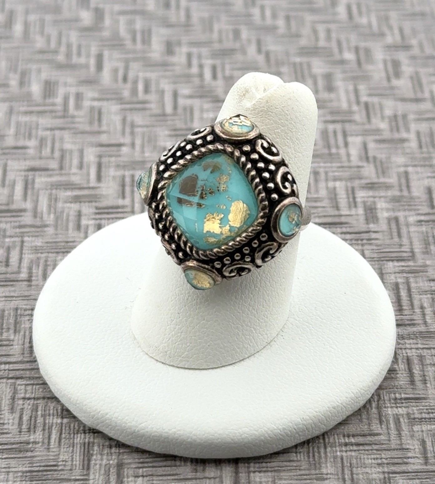 Size: 6 NOA Thailand 925 Sterling Silver Turquoise Doublet Scrollwork Ring 10.9g