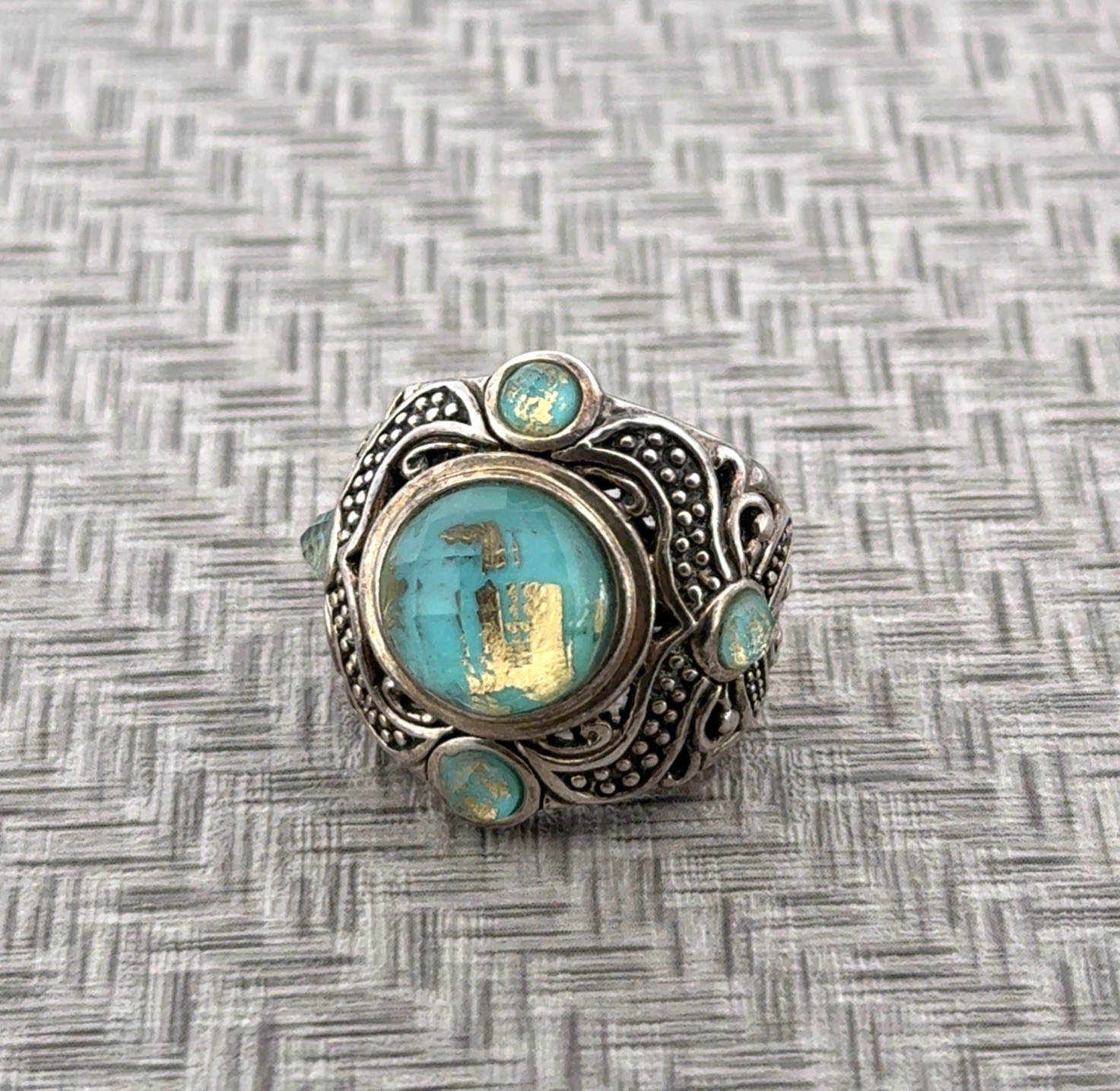 Size: 6 NOA Thailand 925 Sterling Silver Turquoise Doublet Openwork Ring 16.6g