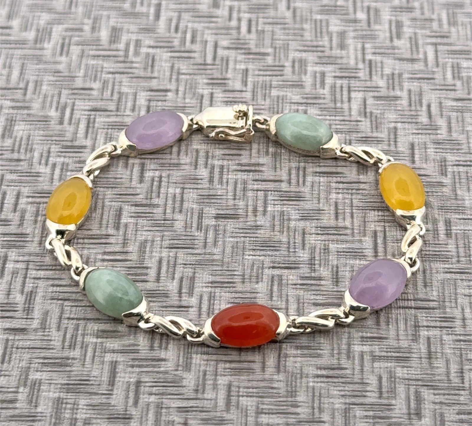 7” Multi-Color Oval Jade Link 925 Sterling Silver Bracelet 16.2g