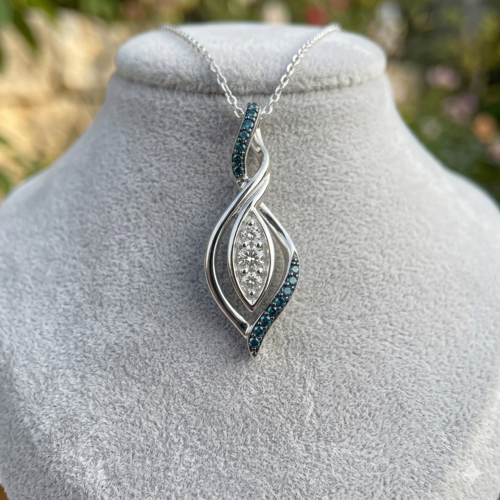 Kay Jewelers Blue White Diamond Twist Pendant Necklace 925 Sterling Silver 18"