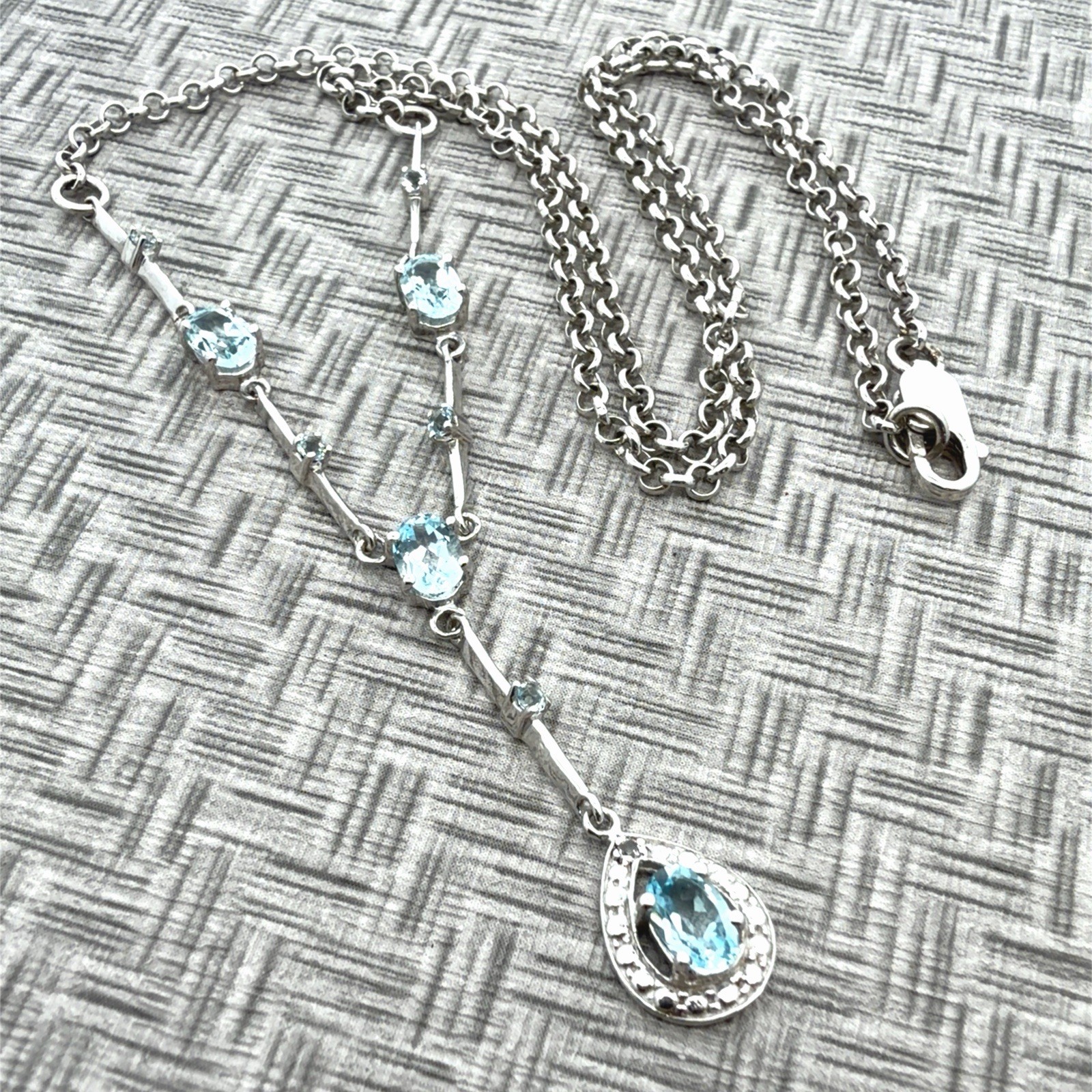 18” Art Deco 925 Sterling Silver Oval + Round Blue Topaz Gemstone Necklace 6.7g