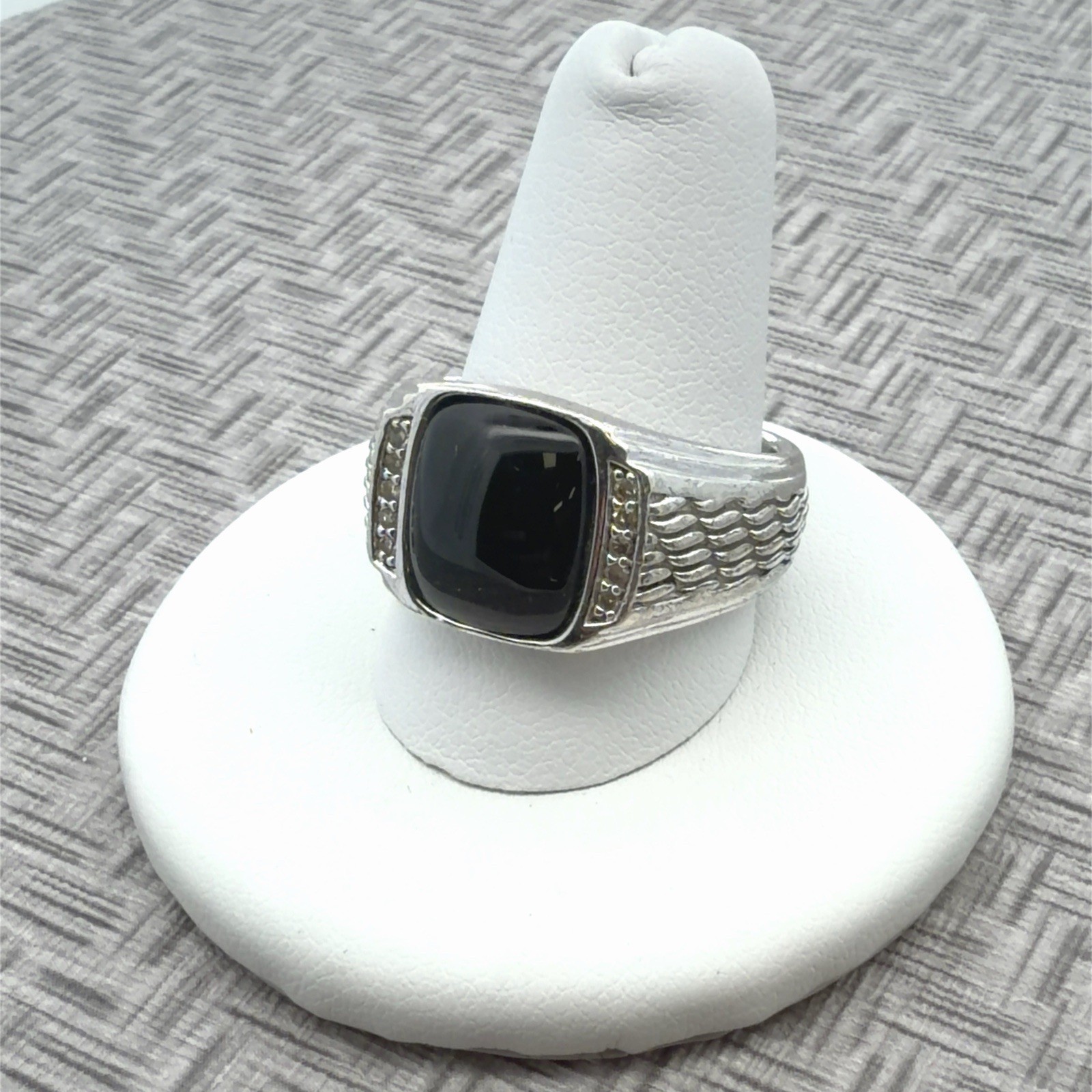 Size 9.25 Textured Band 925 Sterling Silver Cushion Cut Black Onyx Ring  14.1g