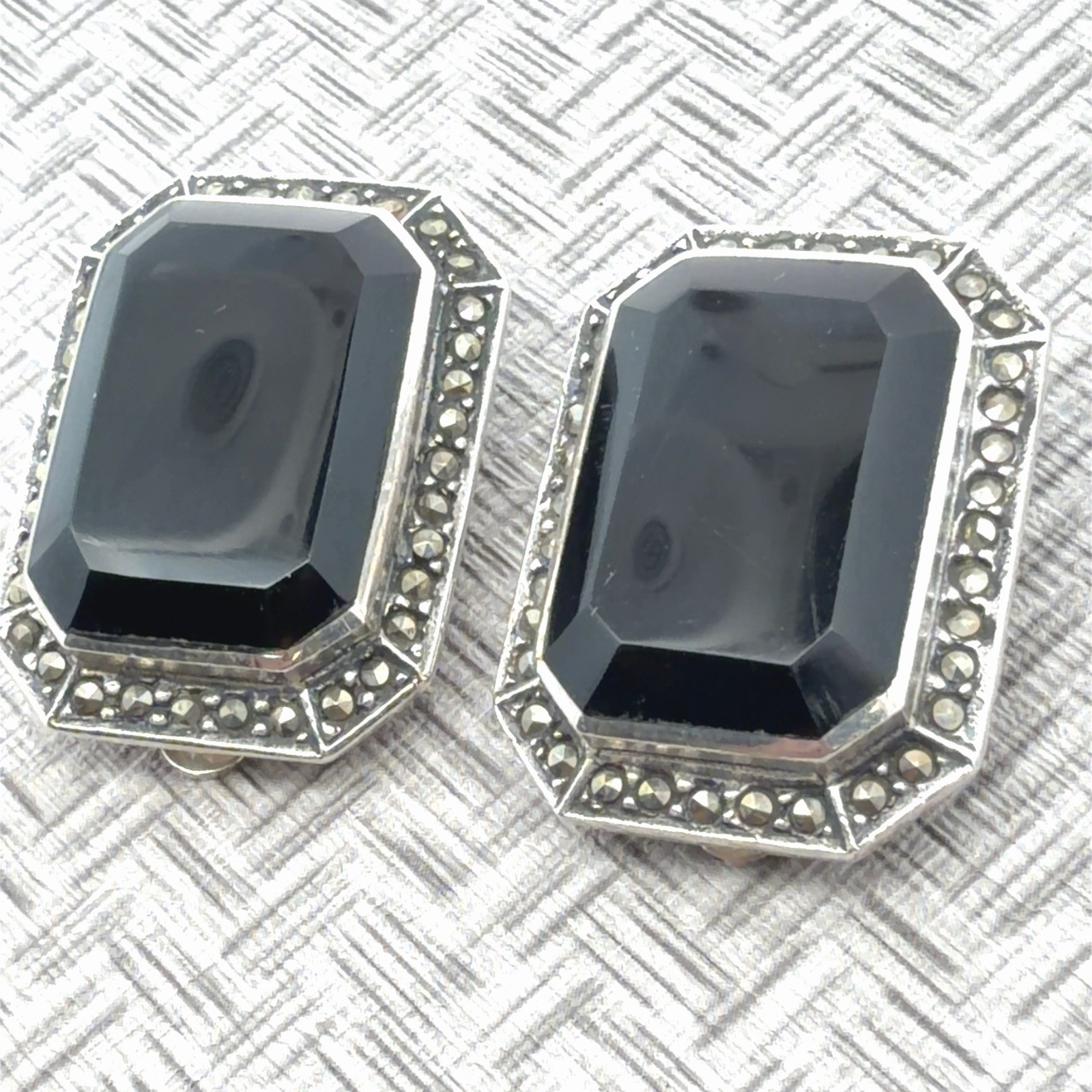 Art Deco 925 Sterling Silver Rectangle Onyx w/ Marcasite Clip On Earrings 21.9g