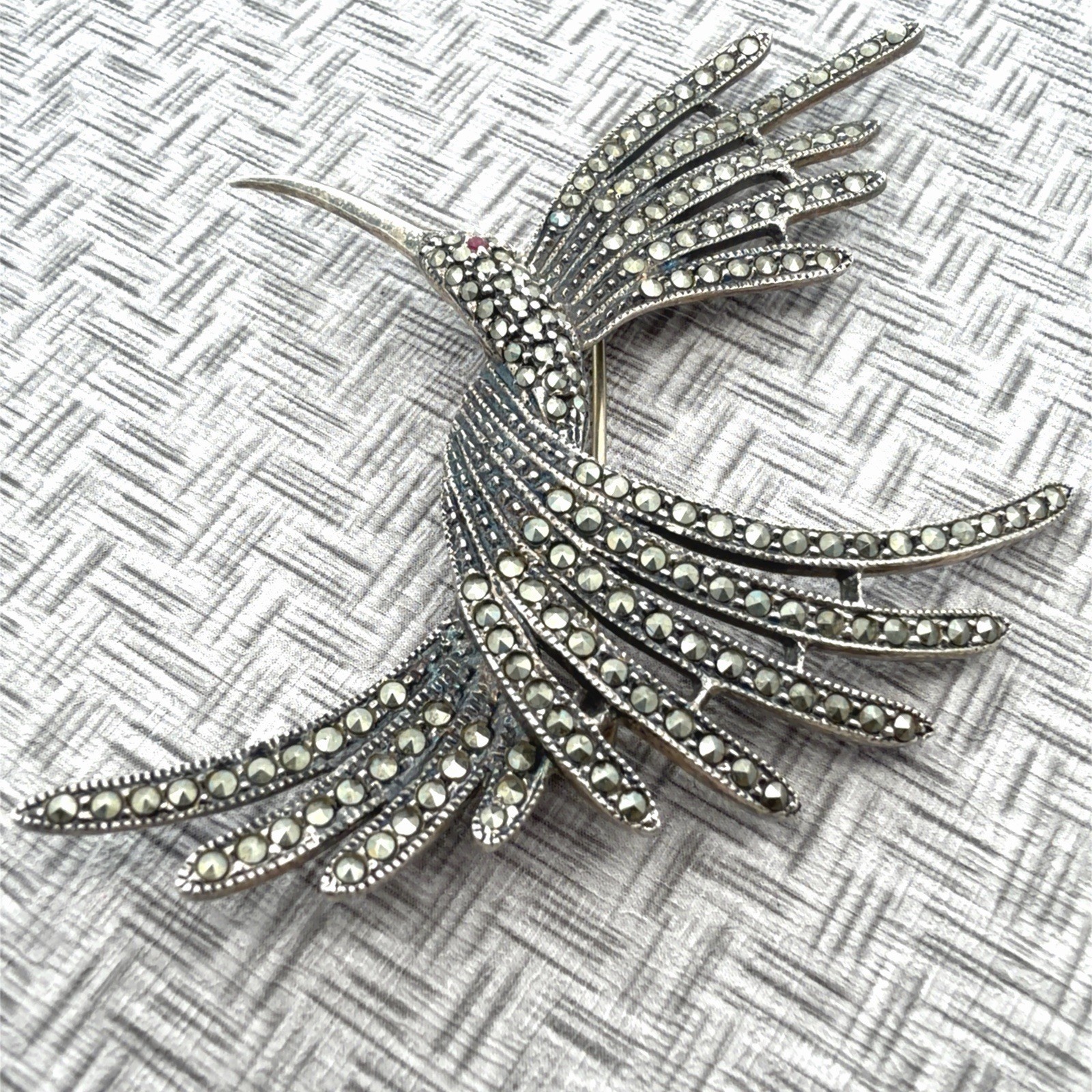 Vintage Judith Jack Sterling Silver Ruby Eyed Marcasite Bird Brooch Pin 15.7g