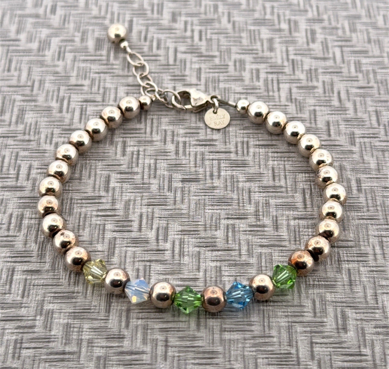 8-9” Emily Ray 925 Sterling Silver Ball Bead Bracelet w/ Glass Beads 8.6g