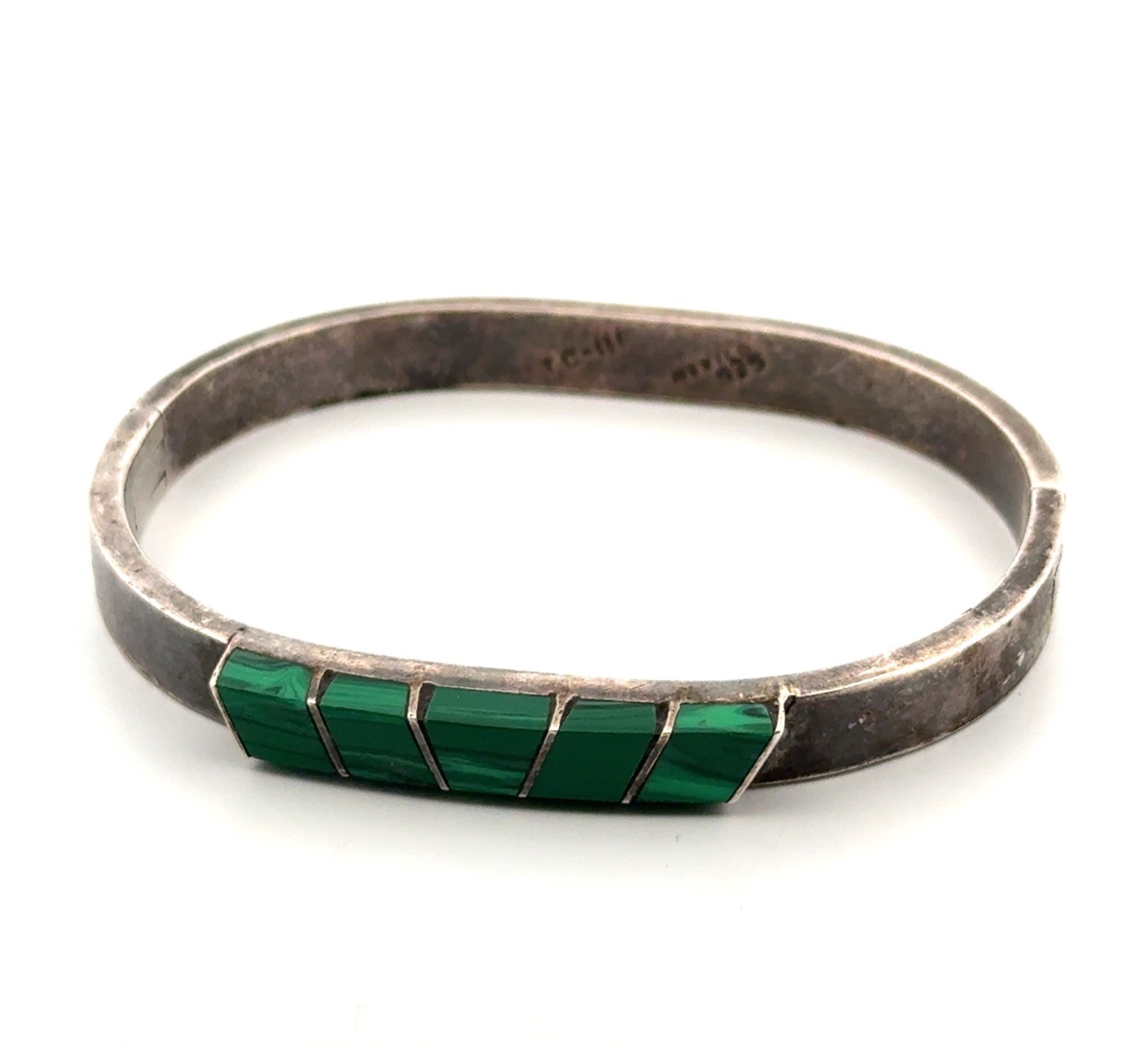 6.75” Vintage Taxco Mexico 925 Sterling Silver Malachite Hinged Bangle Bracelet