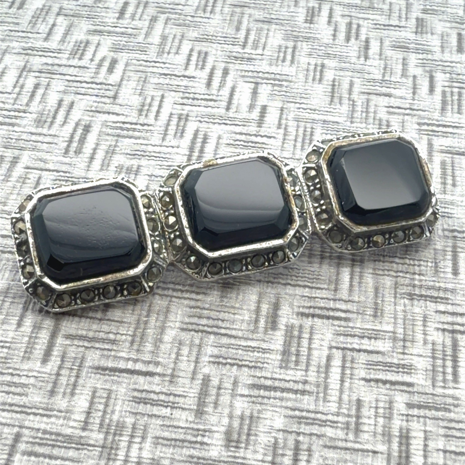 Vintage Art Deco 925 Sterling Silver Black Onyx And Marcasite Brooch Pin 8.9g