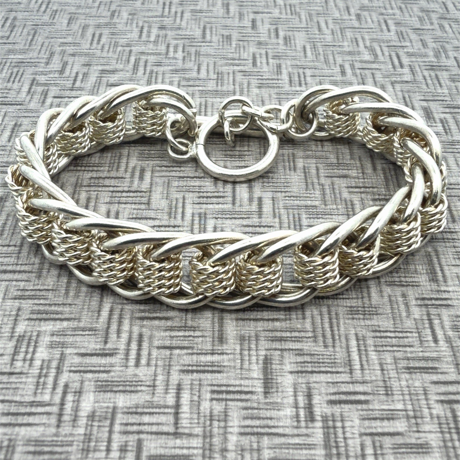 7.5”x12mm Fancy Woven Curb Link 925 Silver Bracelet With Toggle Closure 32.4g