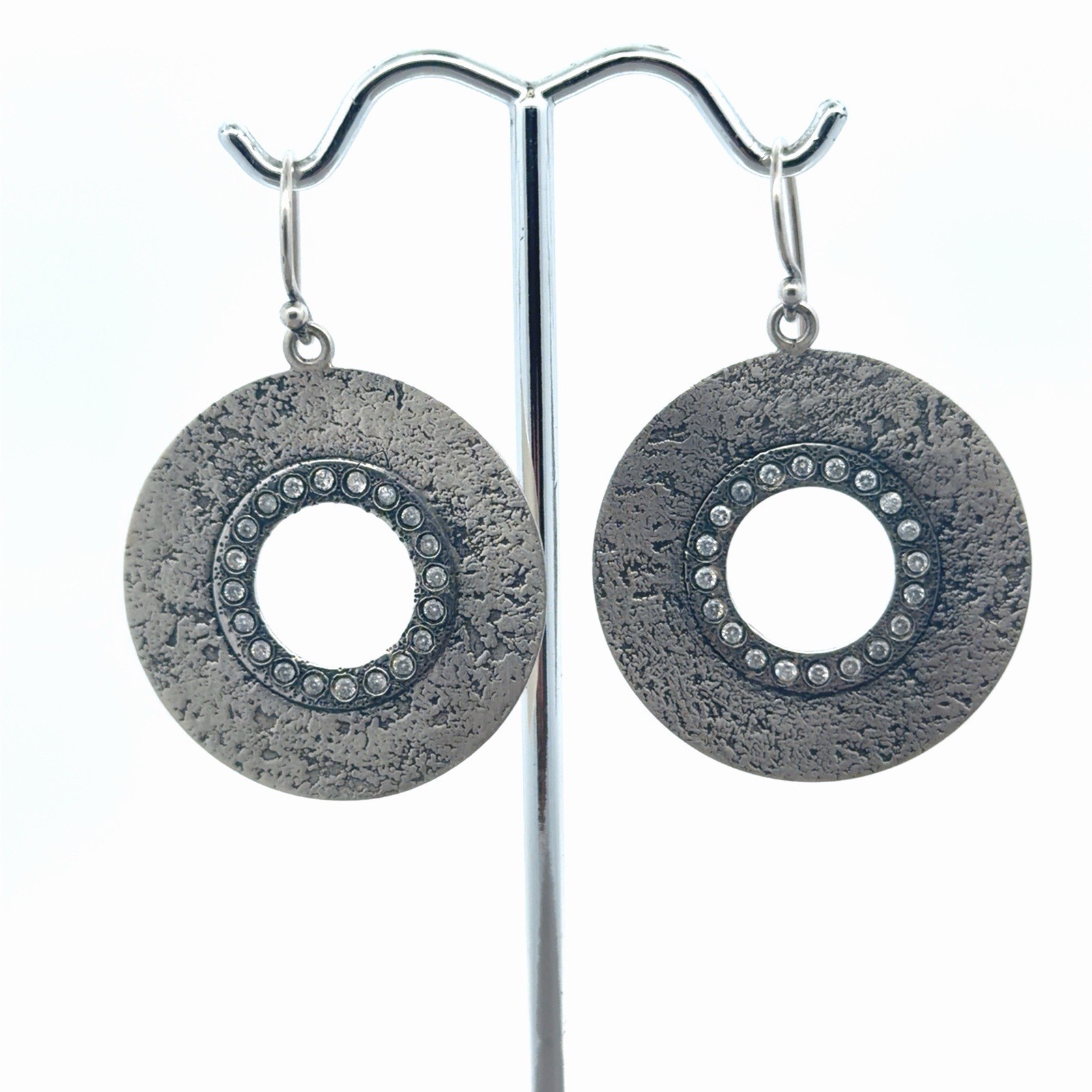 Retired Silpada Oxidized Full Circle W1871 925 Sterling CZ Drop Earrings 8.4g