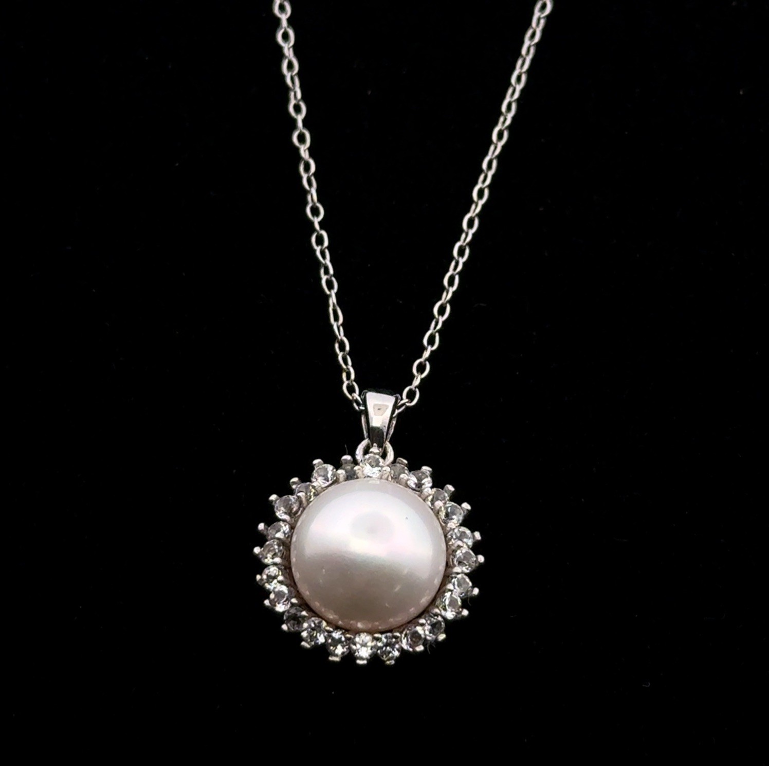 18” Freshwater Pearl & White Topaz Halo Pendant 925 Sterling Silver Necklace