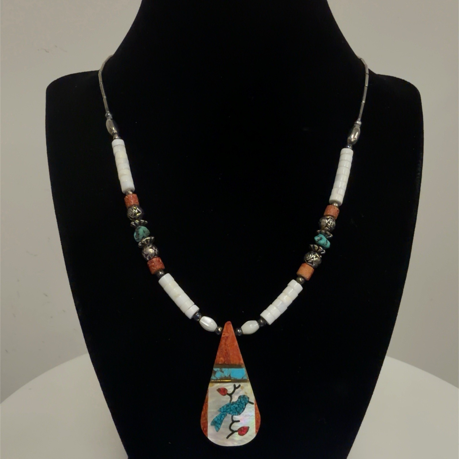 19” Vintage Santo Domingo 925 Silver Coral Mosaic Bird Pendant Necklace 14.6g