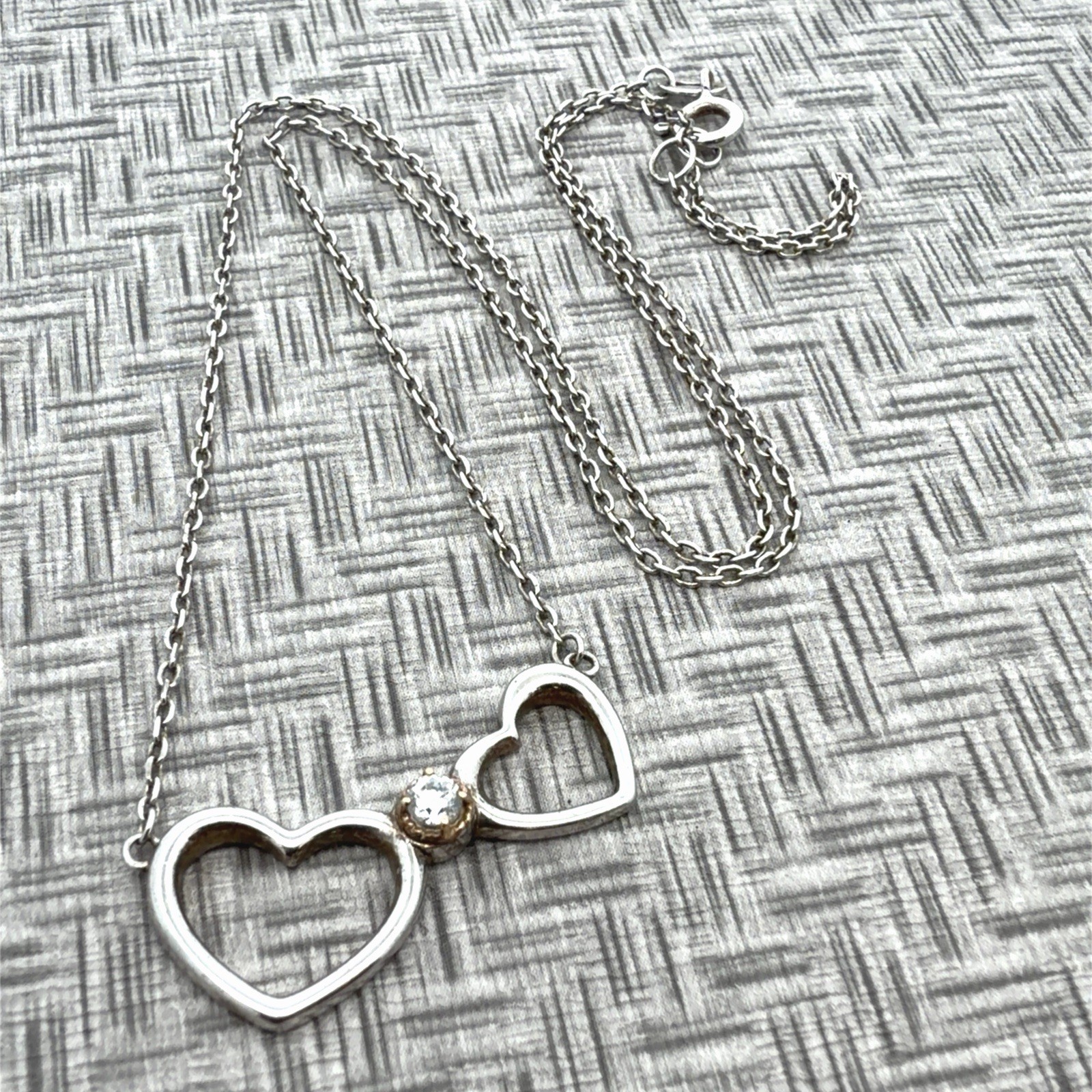 16-18” Double Heart 925 Silver w/ 14k Yellow Gold Bezel Set CZ Necklace 3.4g