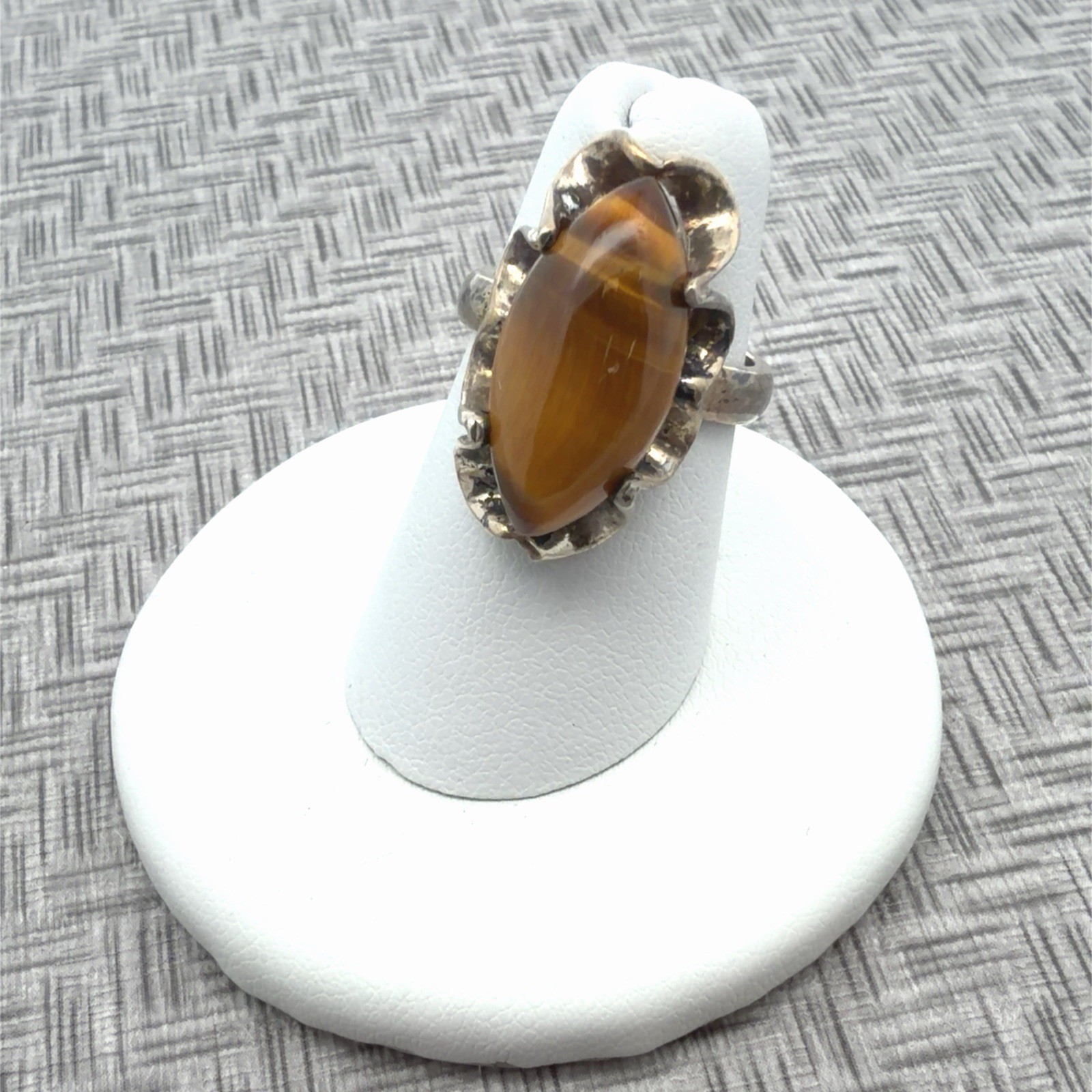 Size 5.5 Vintage 925 Sterling Silver Marquise Tiger Eye Statement Ring 5.8g