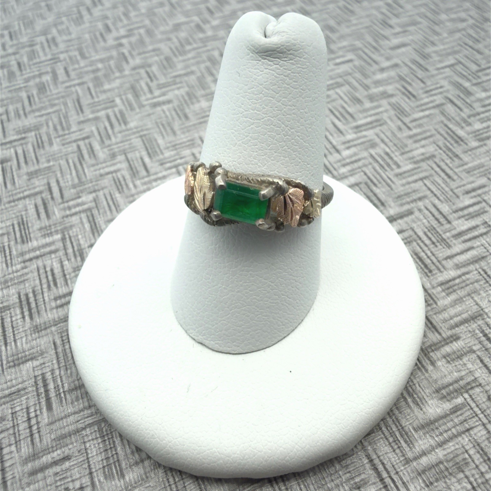 Size 7 Vintage 925 Silver 10k & 12k Gold Accent Emerald Cut Helenite Ring 2.4g