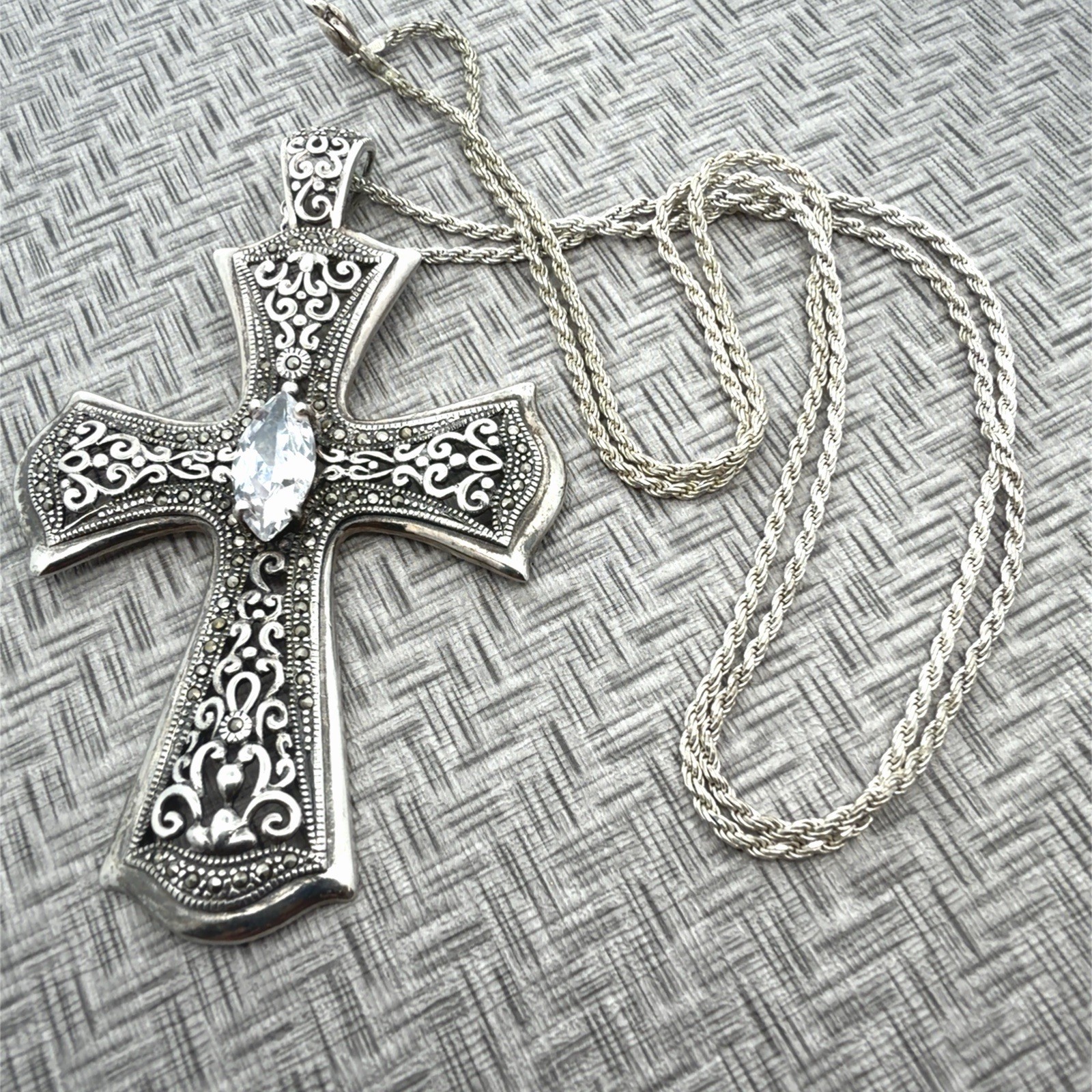 30” Ornate Cross 925 Sterling Silver Pendant With Marquise Cut CZ Stone 28.4g