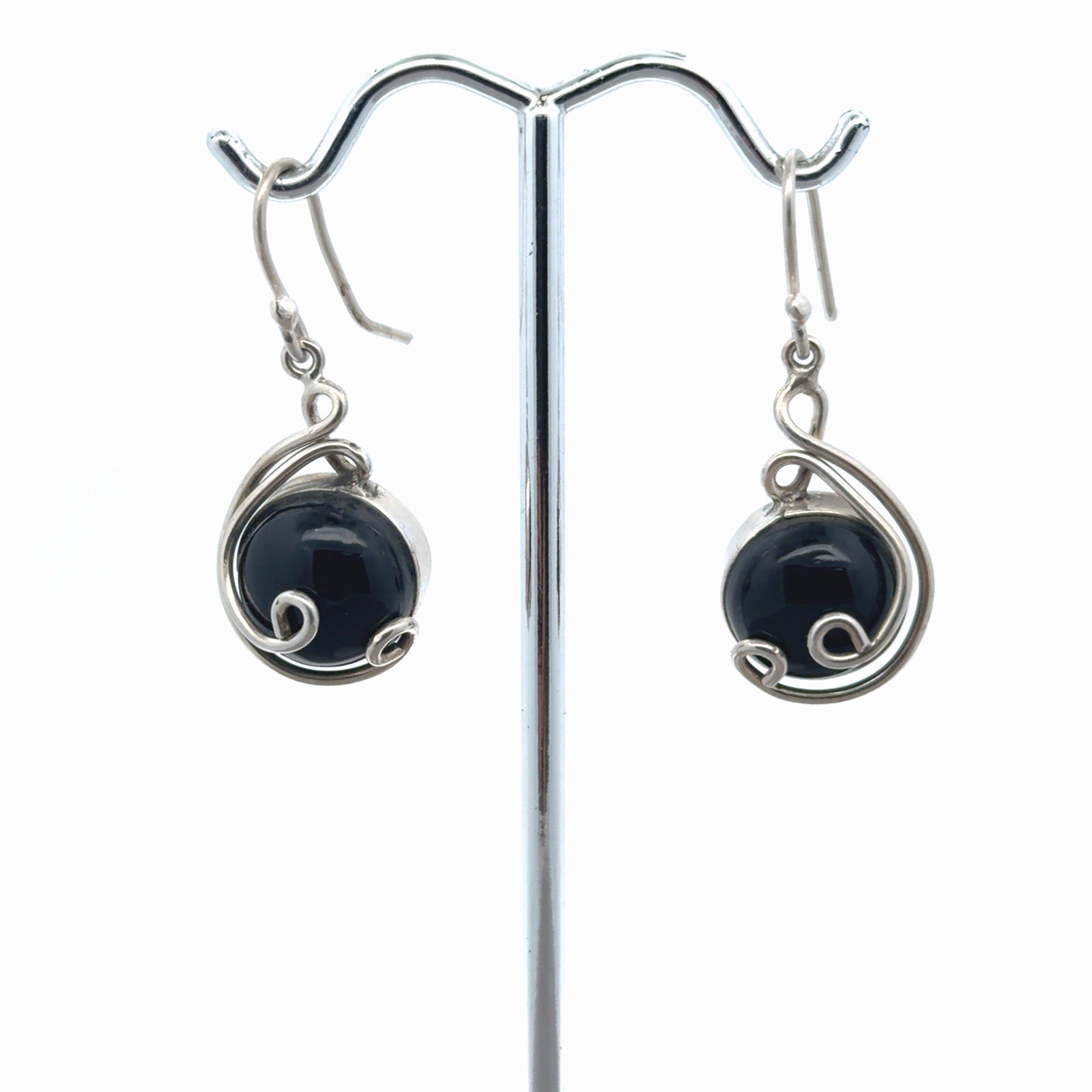 925 Sterling Silver Round Black Onyx w/ Wire Spiral Drop Mexico Earrings 8.6g