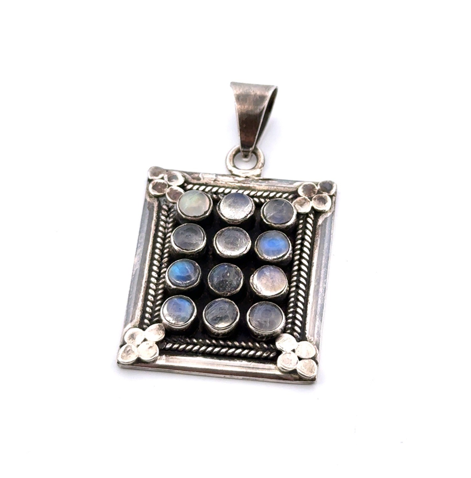 Vintage 925 Sterling Silver 12 Round Moonstones Grid Pendant 9.1g