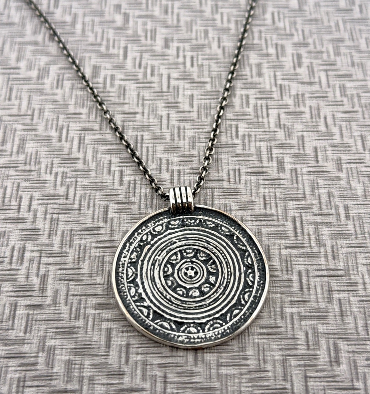 24” Kopi 925 Sterling Silver Ornamented Disc Pendant Necklace 25g