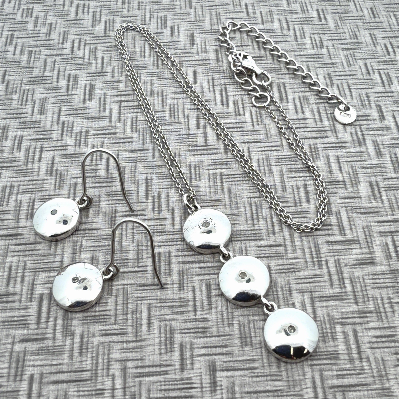 16”-19” LSD Signed Adjustable Triple Disc 925 Silver Diamond Pendant w/ Earrings